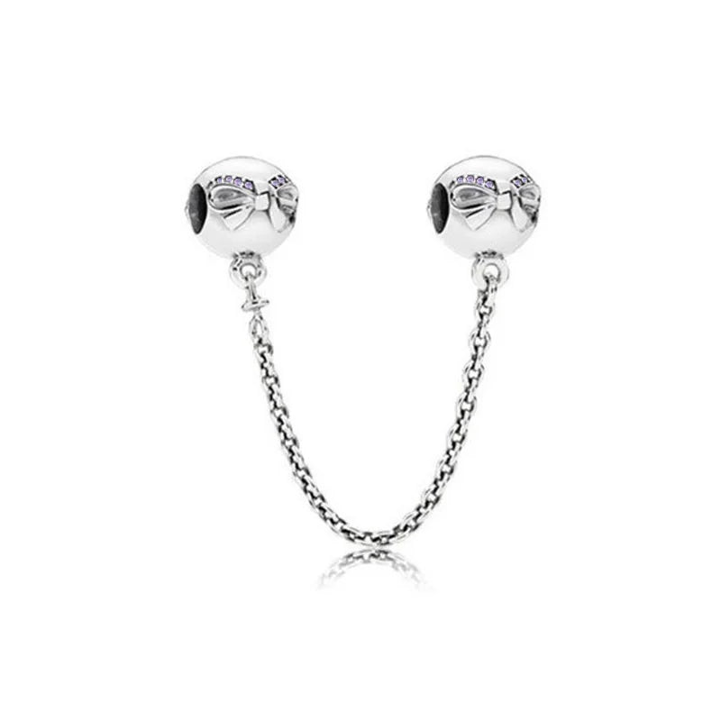 Silver 925 Sparkling Clear Sparkle Bow Stars Safety Chain Charm Bead Fit Original Pendant DIY Jewelry For Women