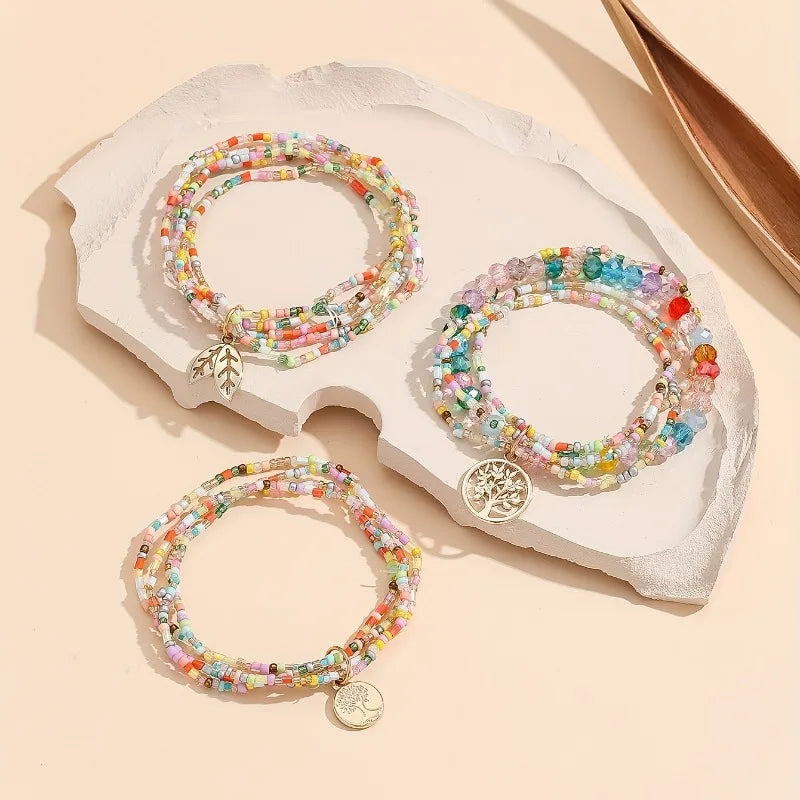 13pcs Boho Beaded Anklet Set with Tree Leaf Charms Adjustable Colorful Beads for Women Perfect for Parties Vacations - Madeinsea©