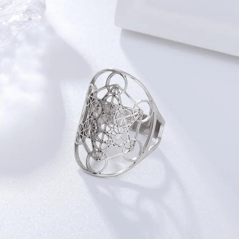 Retro Poseidon Compass Ring Silver-Plated Hexagram Opening Adjustable Ring Men and Women Hip-Hop Trend Jewelry Gift