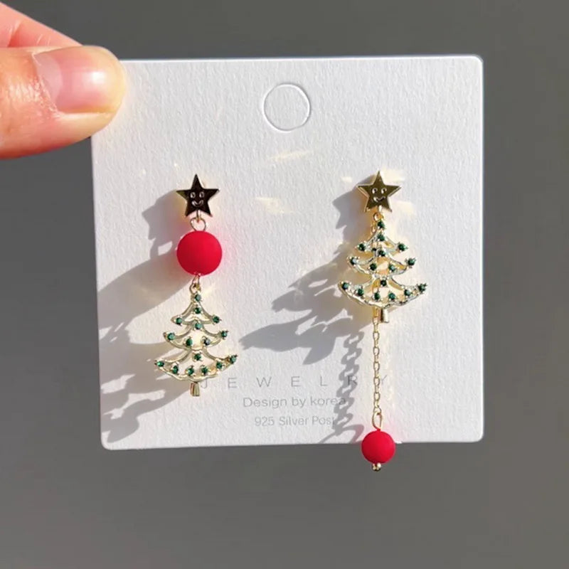 Merry Christmas Xmas Tree Red Ball Asymmetric Stud Earrings for Women Girl New Year Snowflake Bell Deer Zircon Festival Earring