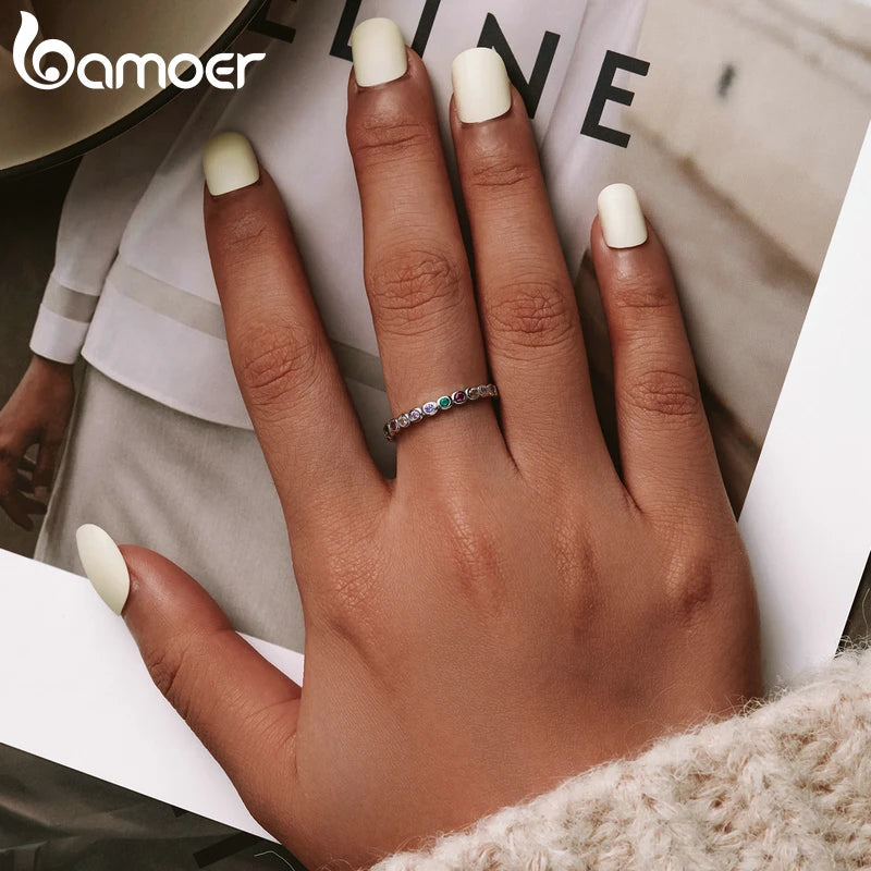 BAMOER 925 Sterling Silver Rainbow Zircon Finger Ring for