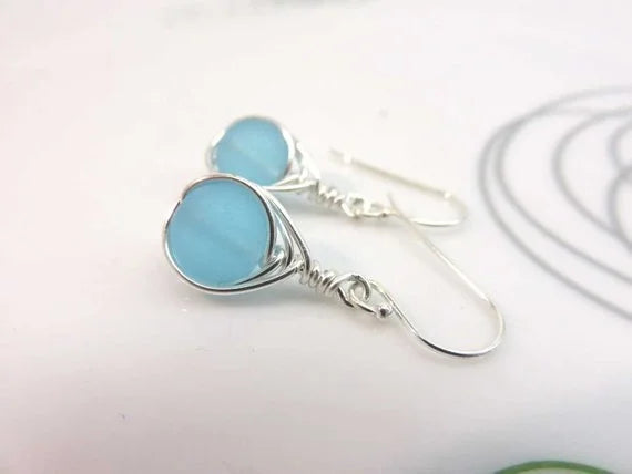 Sterling silver seaglass earrings light blue herringbone wire wrapped cultured sea glass beads argentium silver