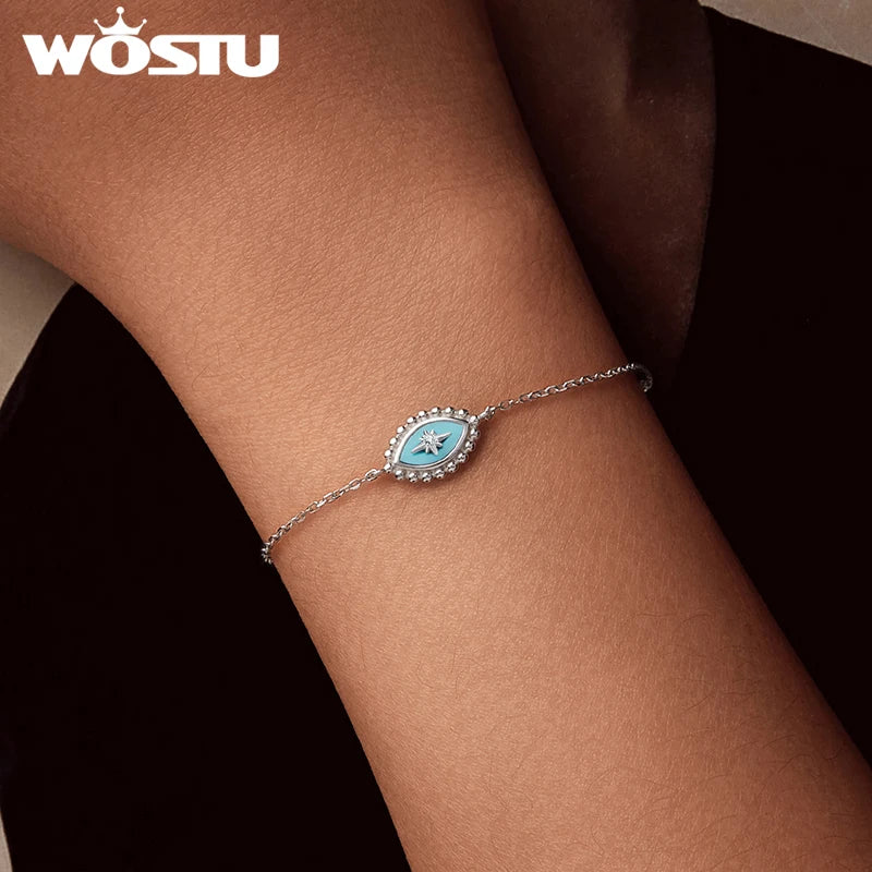 WOSTU Real 925 Sterling Silver hexagram Star Zircon Chain Bracelet Blue Turquoise Devil Eye Chain links Gift For Mom Daughter