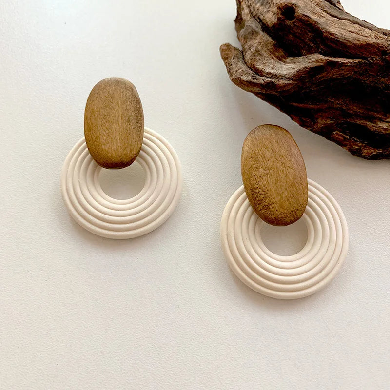 AENSOA Handmade Hollow Round Wooden Drop Earrings for Women Ethnic Brown Color Geometric Pendientes Earrings Unique Jewelry 2022