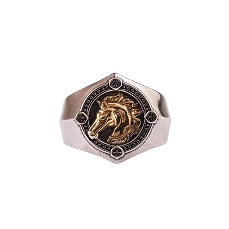 Retro War Horse Ring For Men Punk Gothic Rock Hiphop Open Ring Handmade Designer Unisex Jewelry Biker Accessories Lover Gift