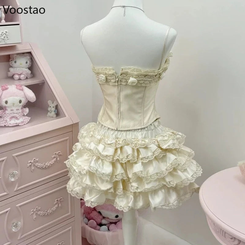 Sweet Harajuku Lolita Princess Skirt Suits Japanese Design Sense Women Bow Tank Tops Mini Cake Skirts Lace Hot Chick 2 Piece Set