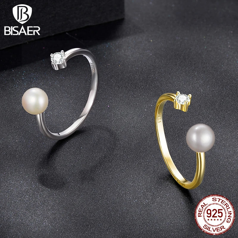 Bague ajustable BISAER en argent sterling 925 avec diamant de laboratoire taille moissanite de 0,1 carat, anneau ouvert et perle d'eau douce. Bijou fin pour femme.