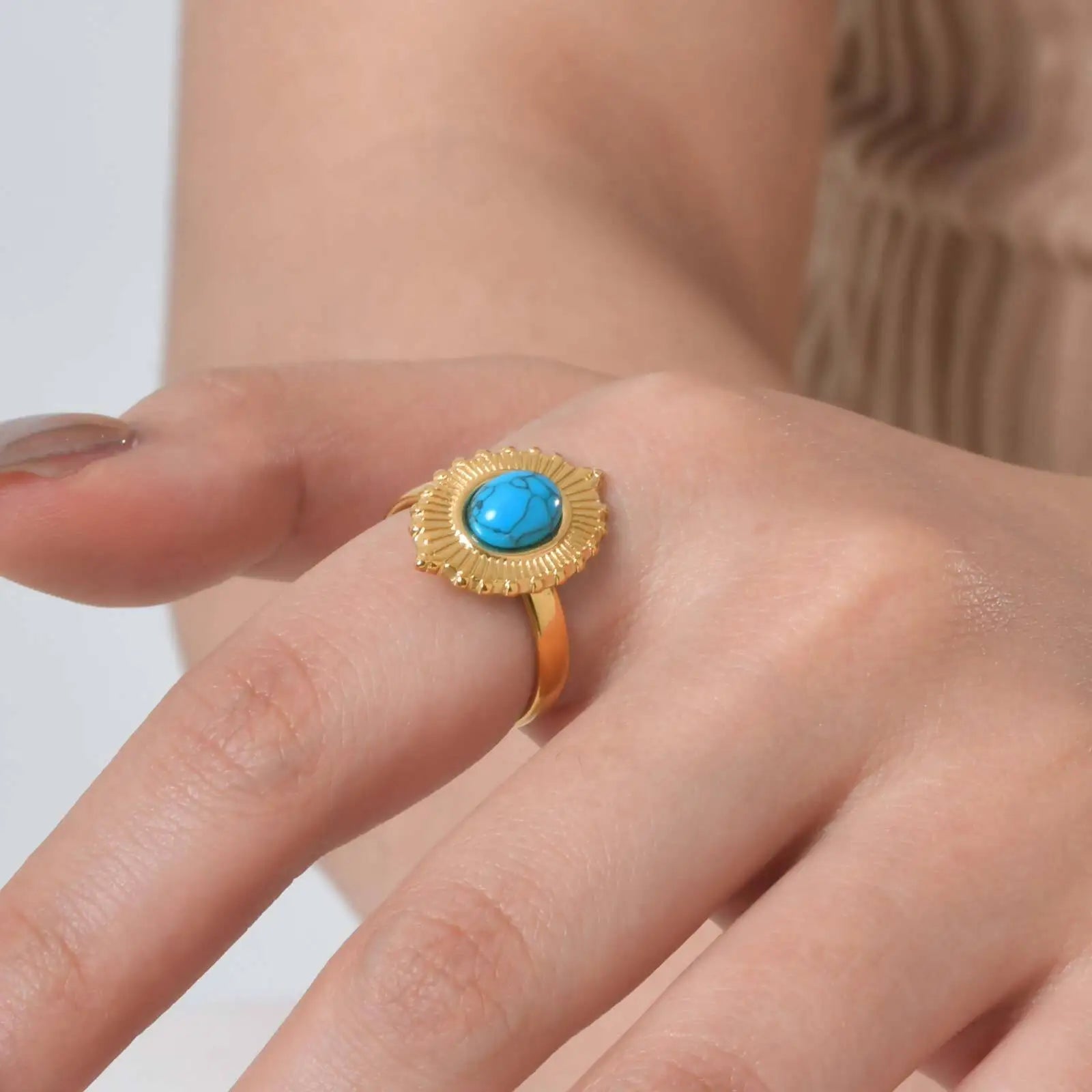 Vnox Blue Turquoise Stone Opening Ring,Stainless Steel Sun Oval Accessories Rings For Women,Finger Female Jewelry Bague Gift