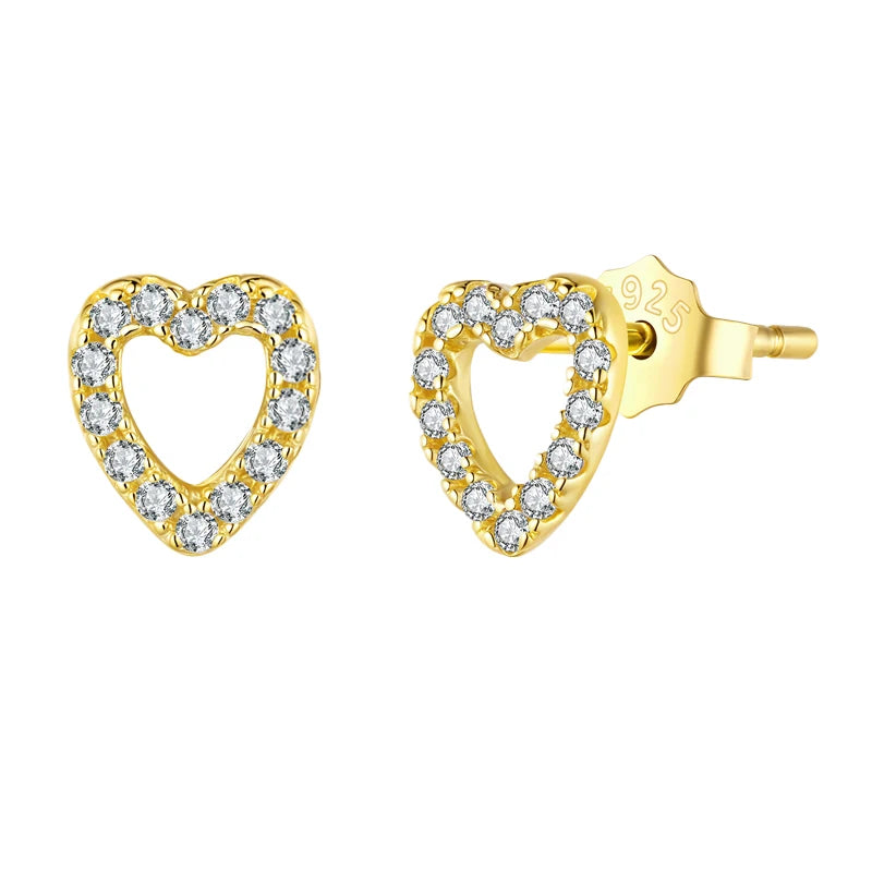 BAMOER 925 Sterling Silver 18K Hollowed Heart Stud Earrings for Women Clear CZ Cute Piercing Earrings Shiny Jewelry Date Gift