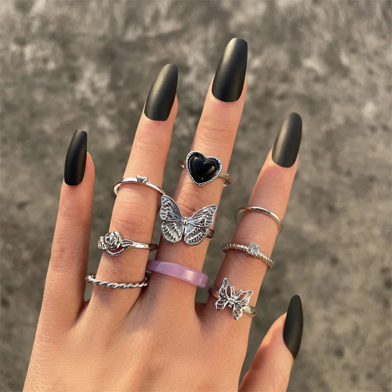 Punk Heart Ring Set for Women Sword Teary Eyes Gothic Vintage Plated Retro Rhinestone Bohemia Finger Jewelry 2022 New Trendy