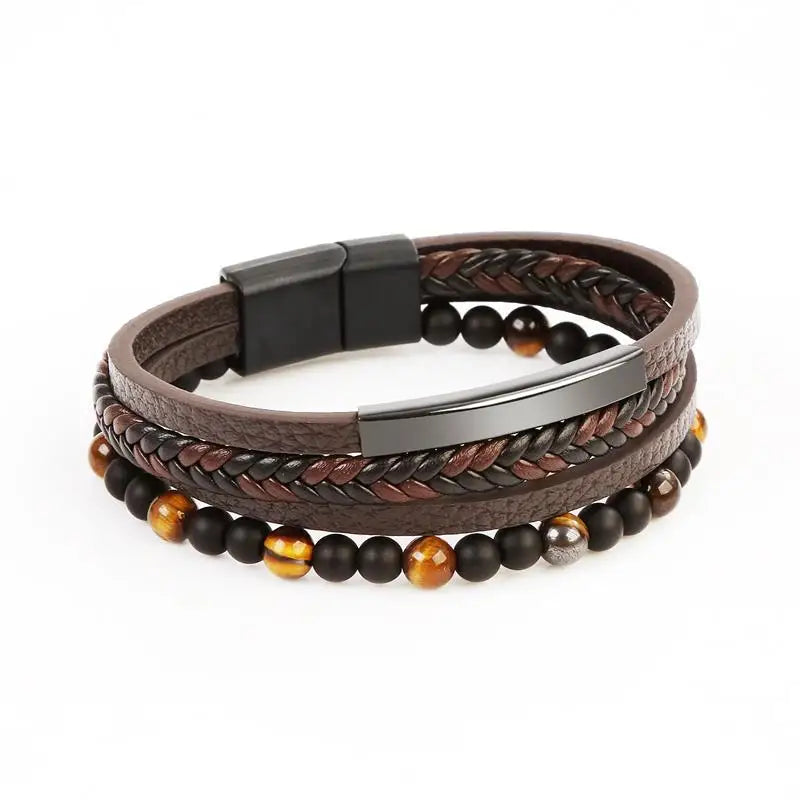 Jiayiqi New Leather Bracelet Men Classic Fashion Tiger Eye Beaded Multi Layer Leather Bracelet For Men Jewelry Gift Dropshipping