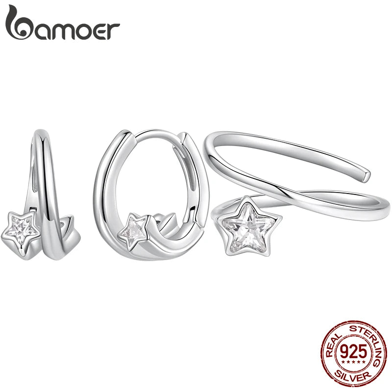 Bamoer 925 Sterling Silver CZ Starlight Jewelry Set Double Layer Star Hoop Huggies Earrings for Women Teen Minimalist Party Gift