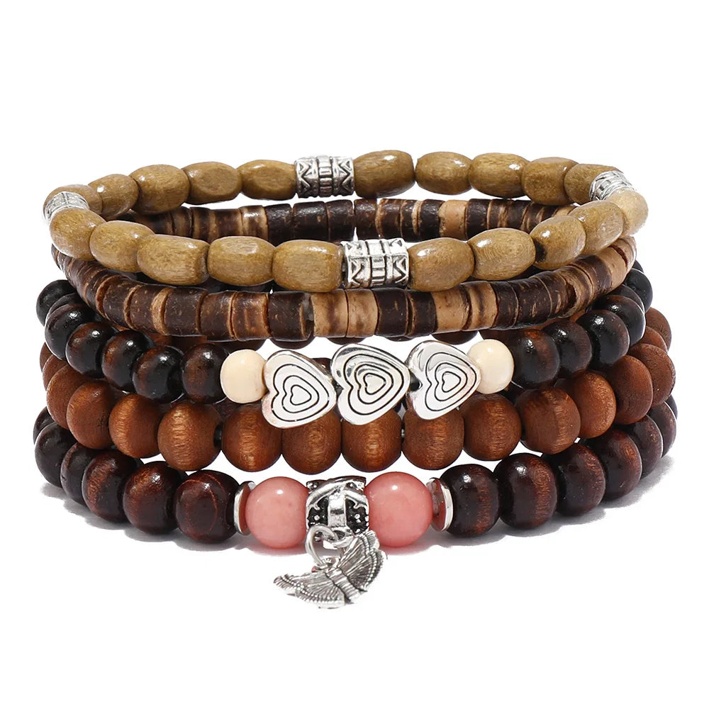 Lot de 4 à 5 bracelets ethniques en perles de bois avec breloques en forme d'arbre et de cactus, main de Fatima, papillon, style bohème, pour hommes et femmes, bijoux féminins