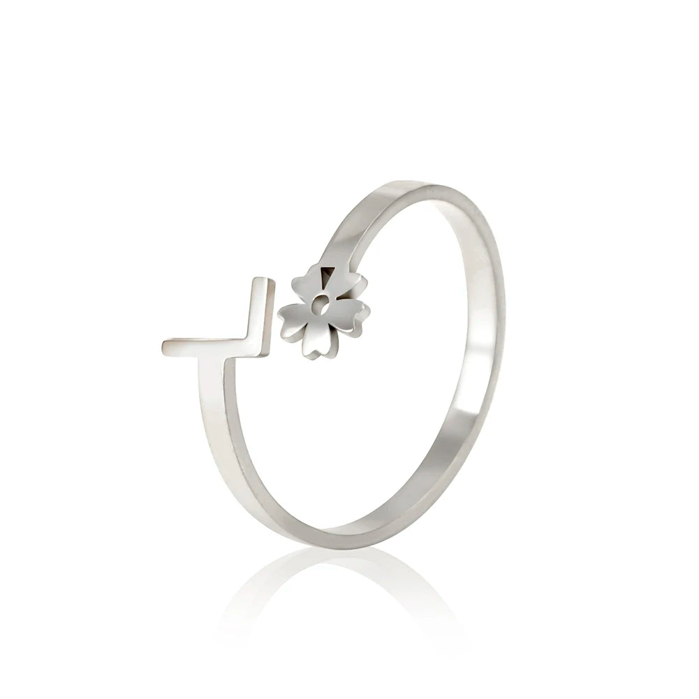 Stainless Steel Flower 26 Alphabet Open Ring for Women A-Z Initial Name Ring 2022 New Fashion Jewelry for Birthday Gift