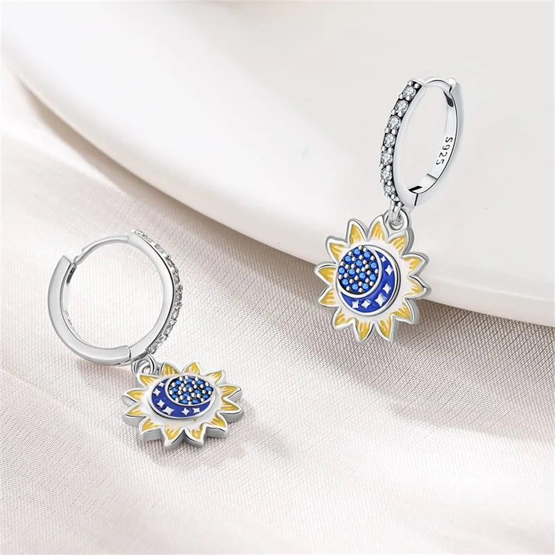 Classic Earrings 925 Silver Zircon Shiny Stars Moon Warm Sun Double Hoop Earrings For Women Original Birthday Party Jewelry Gift