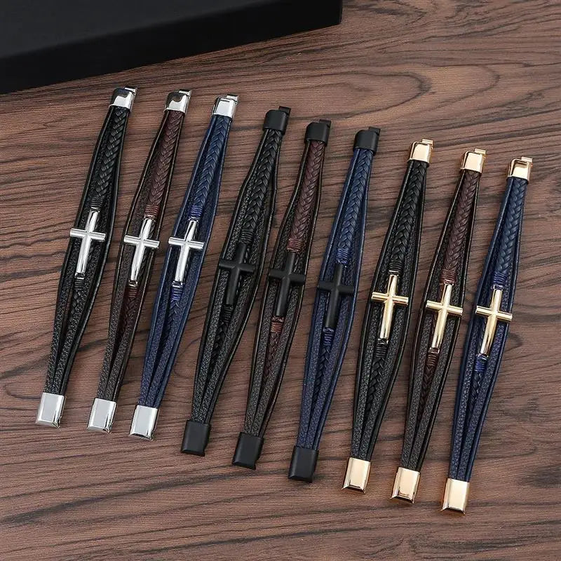 Classic Men's Leather Bracelet Cross Charm Choose Multilayer Hand Woven Bracelets Male Bangles Gifts Jewelry 19/21/23cm