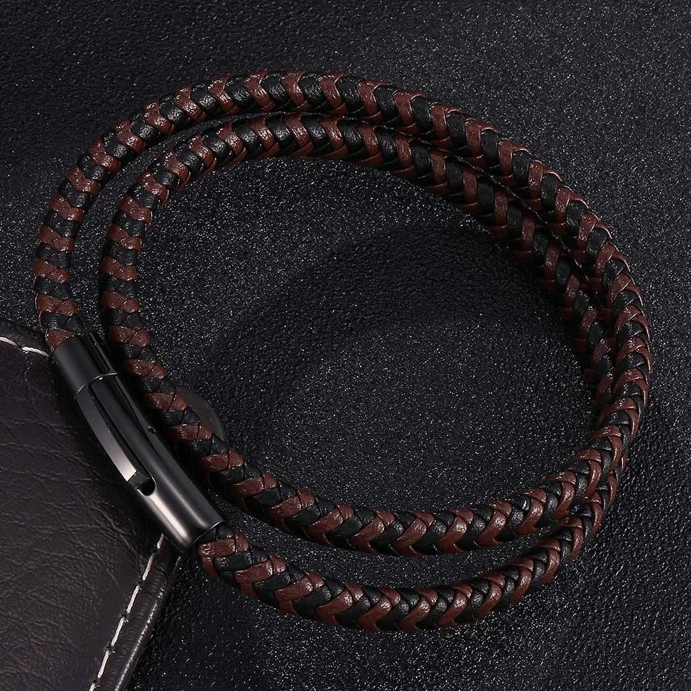 MKENDN Classic Black Stainless Steel Black Blue Braided Leather Bracelet Men Women Handmade Woven Double-Layer Jewelry Gift