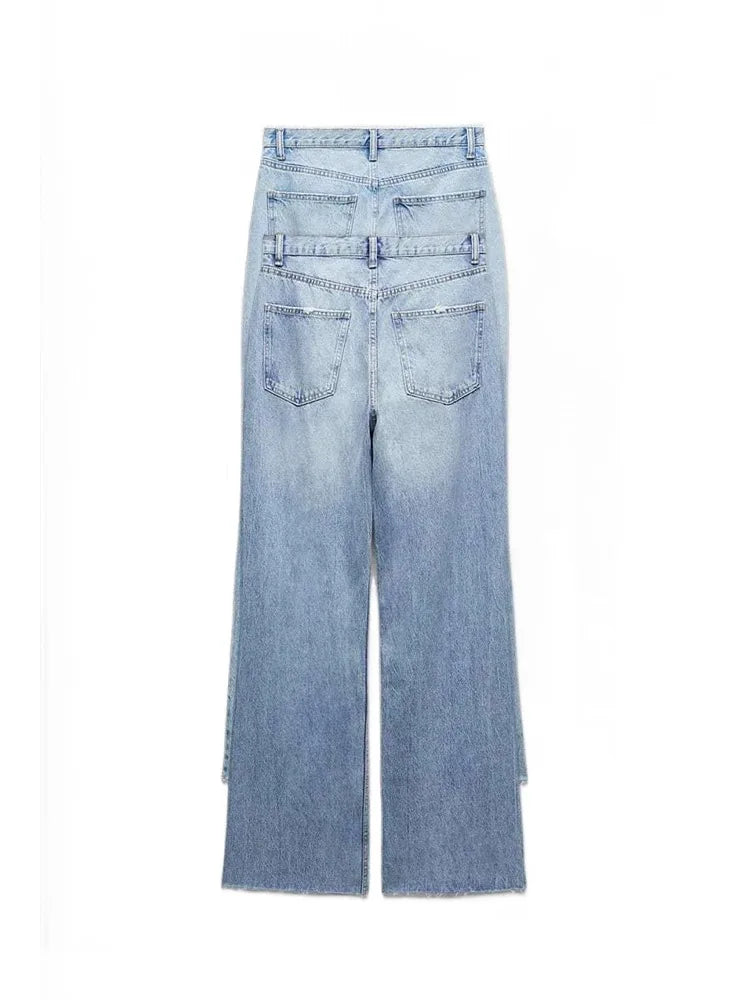 Women's loose hole decoration high-waisted jeans Fashion versatile wide-legged trousers Elegant fashion women's clothing