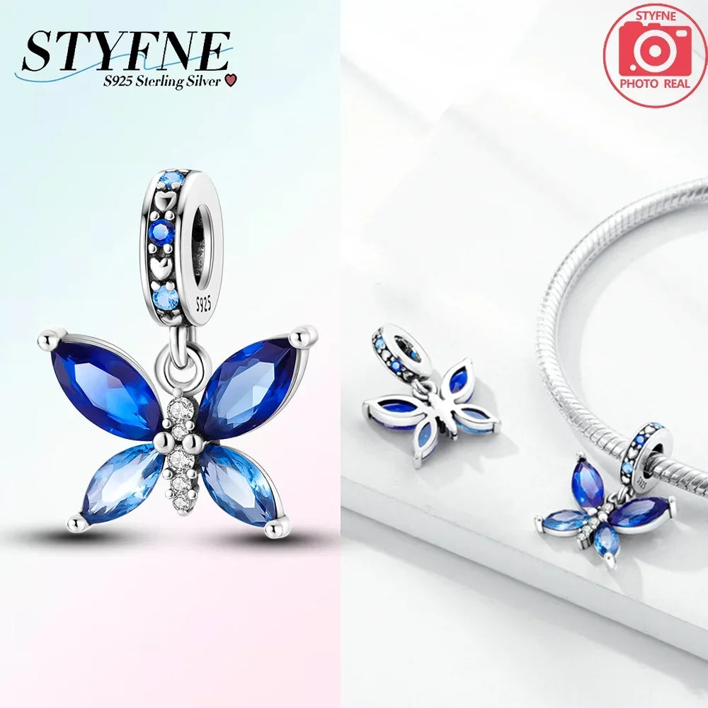 925 Sterling Silver Blue Series Butterfly Beads Pendant Fit Bangle Charms Bracelet DIY Women Original Jewelry