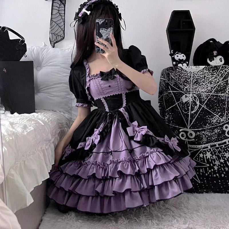 Victorian Vintage Lolita Dress Women Gothic Y2k Puff Short Sleeve Laminated Flounces Mini Dresses Bow Ruffles Princess Vestidos - Madeinsea©