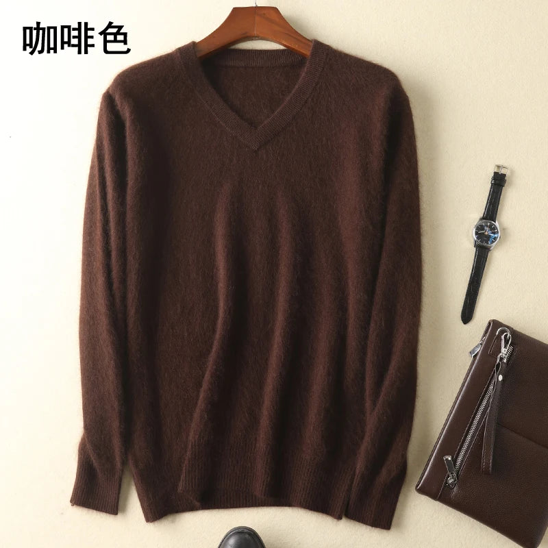 LHZSYY Men's 100% Mink Cashmere Large Size Sweaters Autumn Winter Solid V-neck Casual Knit Pullovers Men Long Sleeve Warm Jumper - Madeinsea©