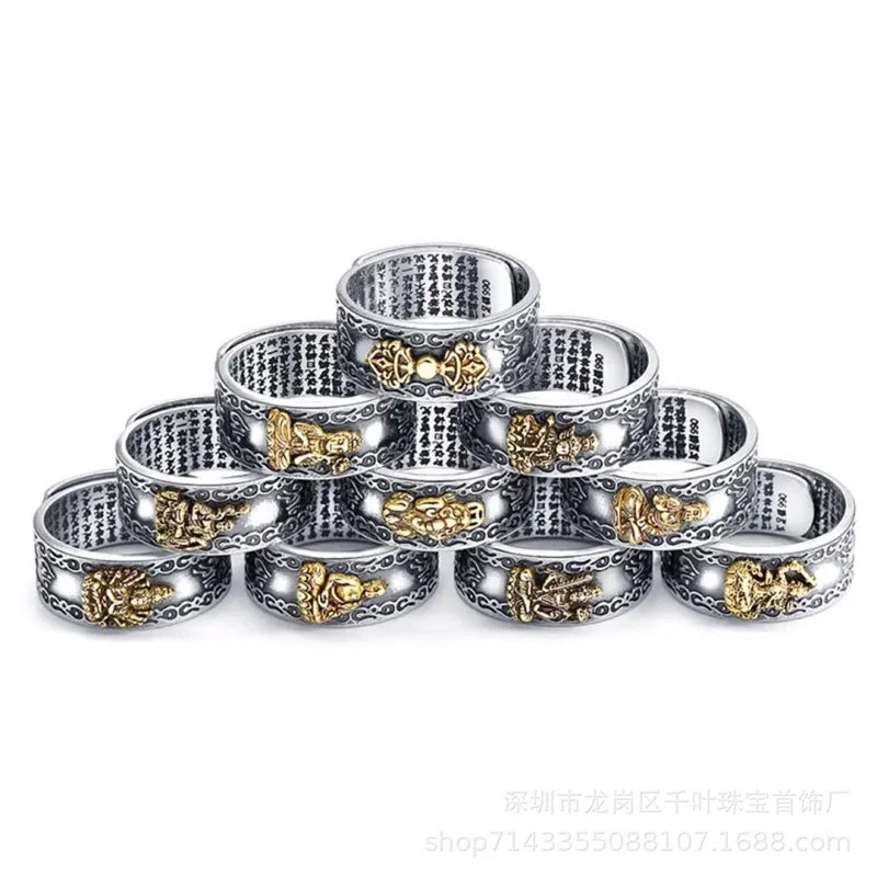 Vintage Silver Eight Guardian Buddha Ring for Men's Jewelry Lucky Twelve Zodiac Amulet Heart Sutra Ring Male Finger Accessories
