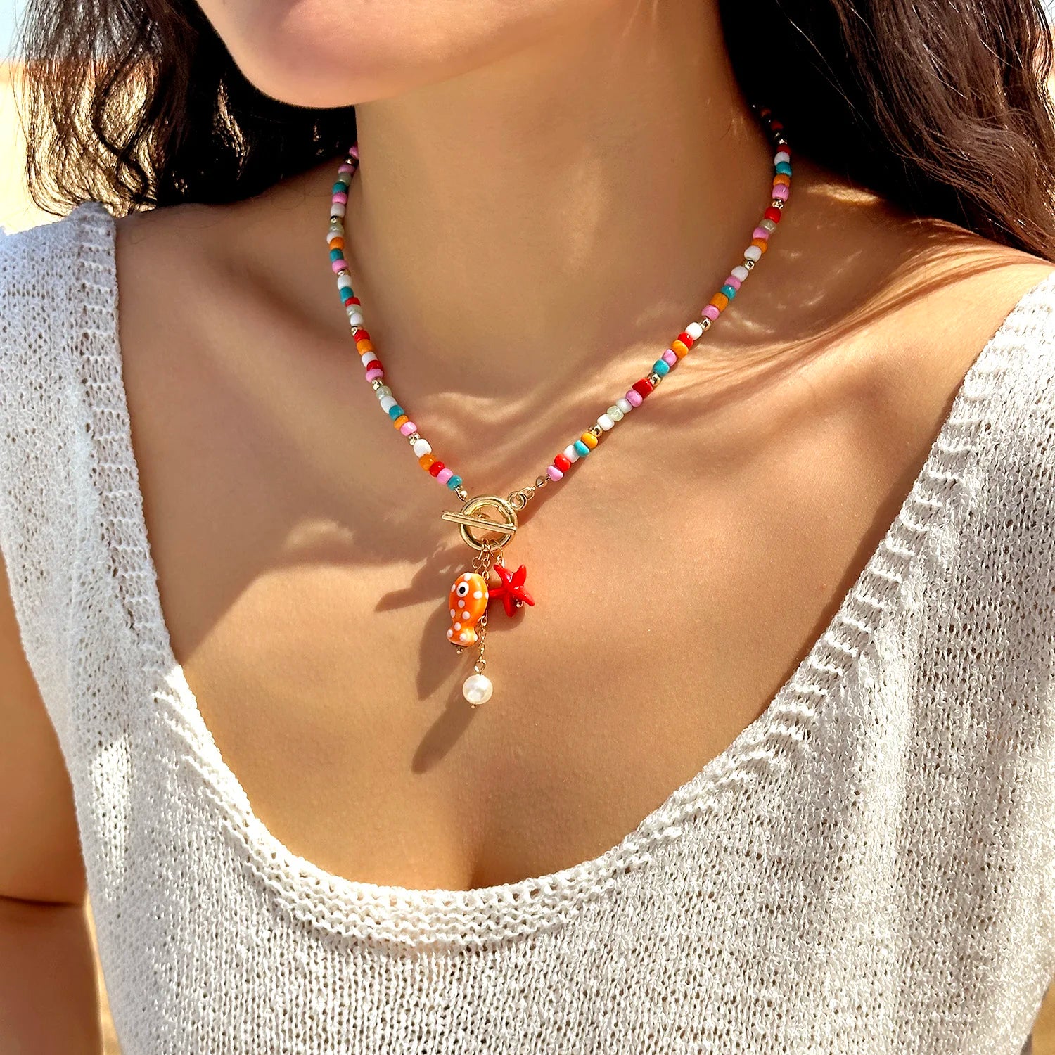 Charm Ceramic Cartoon Fish Pendant Necklace For Women Girls Colorful Rice Beads Starfish OT Buckle Choker Beach Party Jewelry