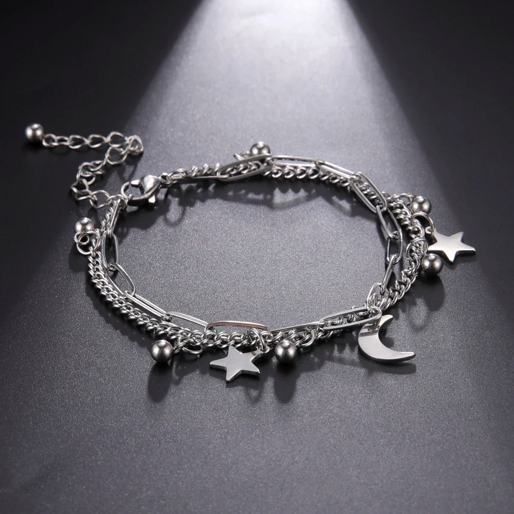 Star Moon Pendant Double Chain Bracelets Women's Stainless Steel Bracelets Trendy Jewelry for Lover Anniversary Gifts