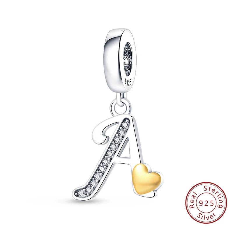 Classic 925 Sterling Silver 26 Gold Color Heart Zircon Letter A-Z Charms Beads Fit Original Bracelets DIY Birthday Jewelry Gift