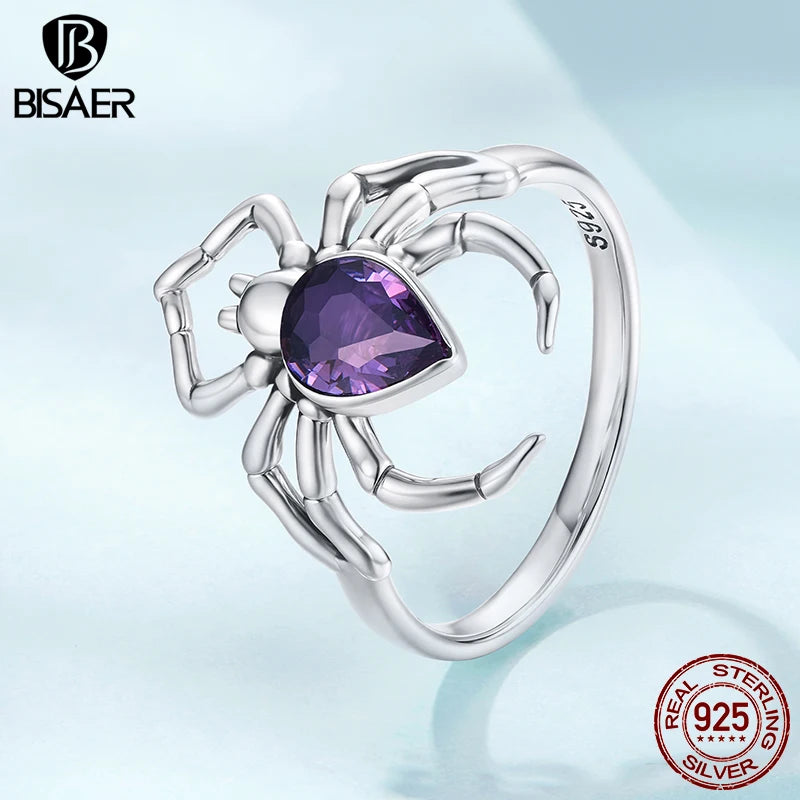 BISAER 925 Sterling Silver Spider Ring Purple Zircon Statement Band for Woman Party Original Fine Jewelry ECR1158
