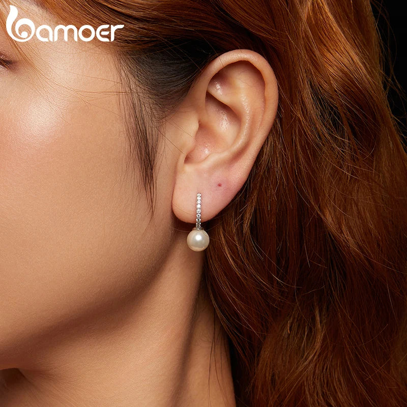 BAMOER 925 Sterling Silver Moissanite Hoop Earrings with Pearl, White Gold Plated Minimalist Hoop Earrings Elegant Jewelry