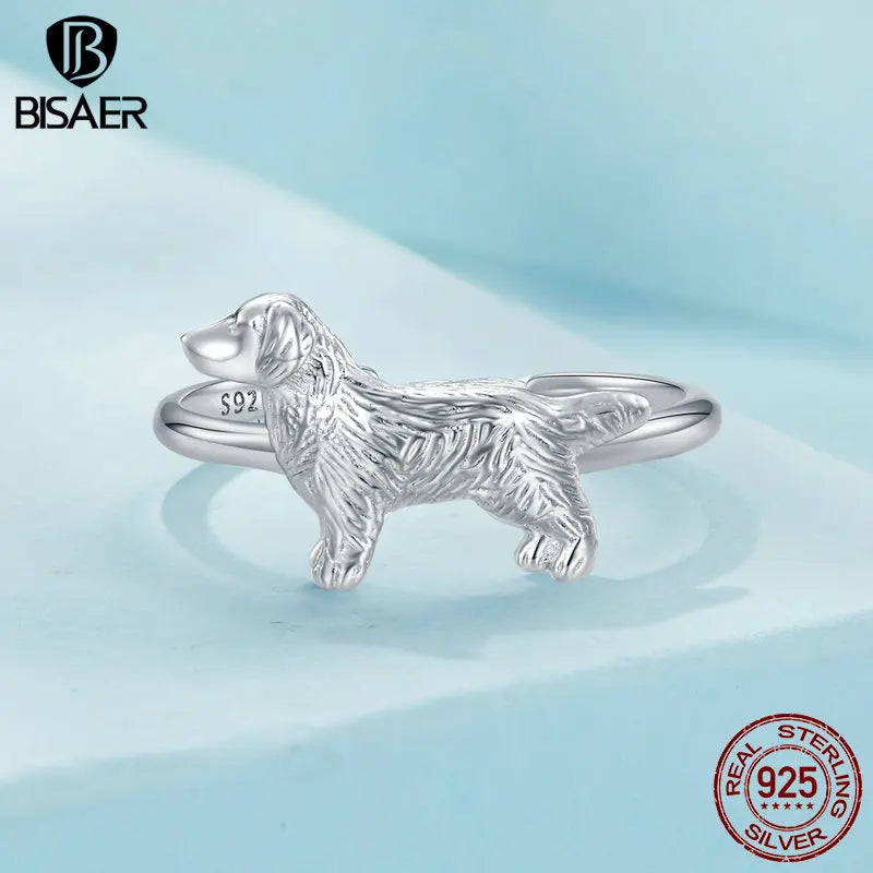 BISAER 925 Sterling Silver Cute Golden Retriever Open Ring Pet Dog Band Plated White Gold for Women Party Original Fine Jewelry