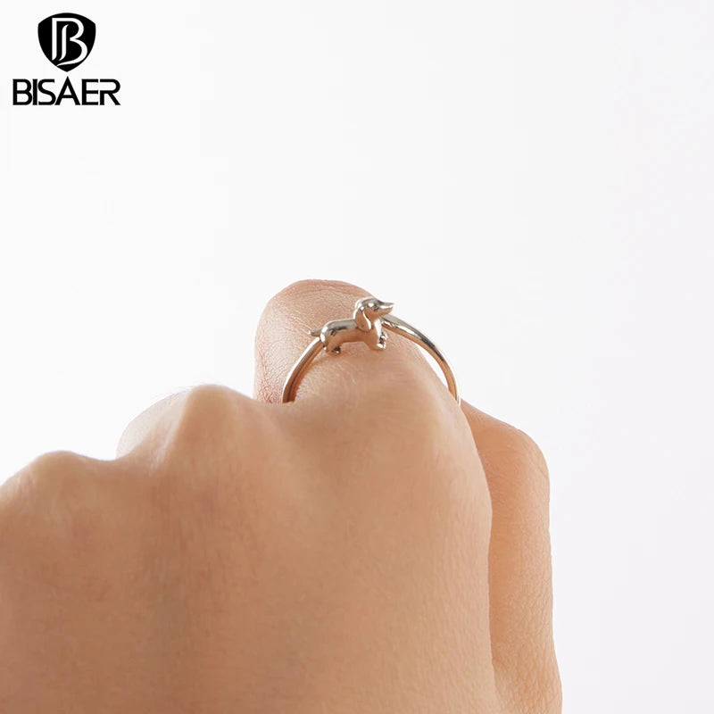 Bague ouverte BISAER en argent sterling 925, motif teckel mignon, taille ajustable 5 à 9, pour femme, bijou raffiné, référence ECR1121-E.