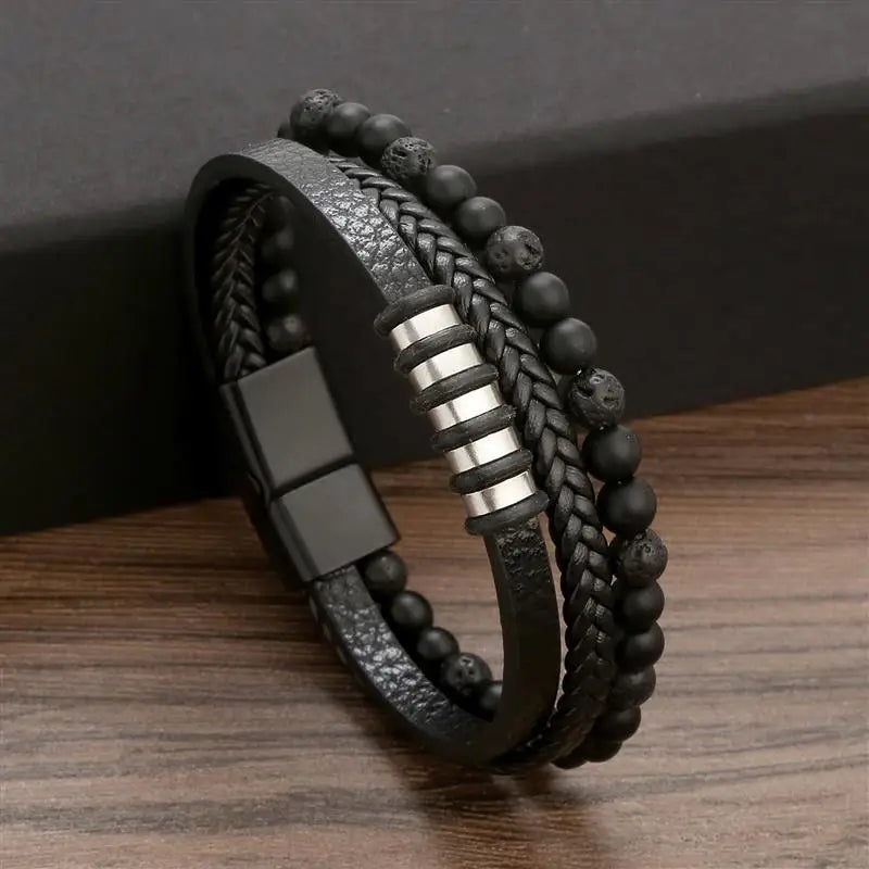 Fashion Cross Charm Mutilayer Leather Bracelet with Stainless Steel Clasp Men Punk Beaded Leather Bracelet For Men Jewelry Gift