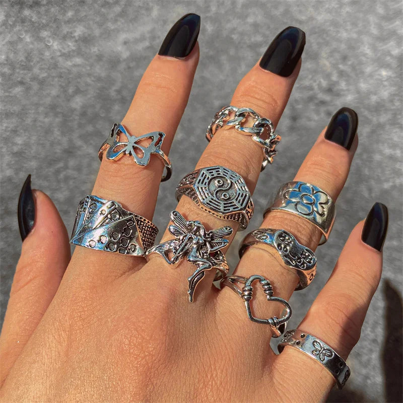 Punk Heart Ring Set for Women Sword Teary Eyes Gothic Vintage Plated Retro Rhinestone Bohemia Finger Jewelry 2022 New Trendy