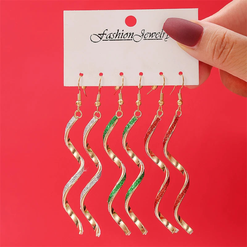 3 Pairs/Set Spiral Wave Curve Dangle Earrings for Women Fashion Rainbow Crutch Candy Long Twisted Earring Girls Party Jewelry