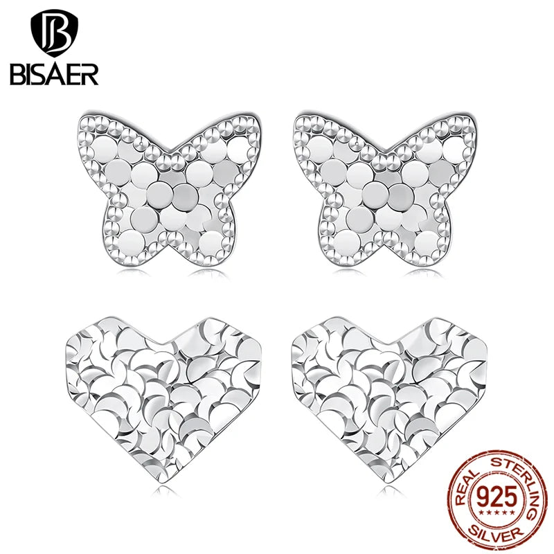 BISAER Real 925 Sterling Silver Dazzling Butterfly Stud Earrings Mini Heart Hypoallergenic Earrings for Girls Party Fine Jewelry
