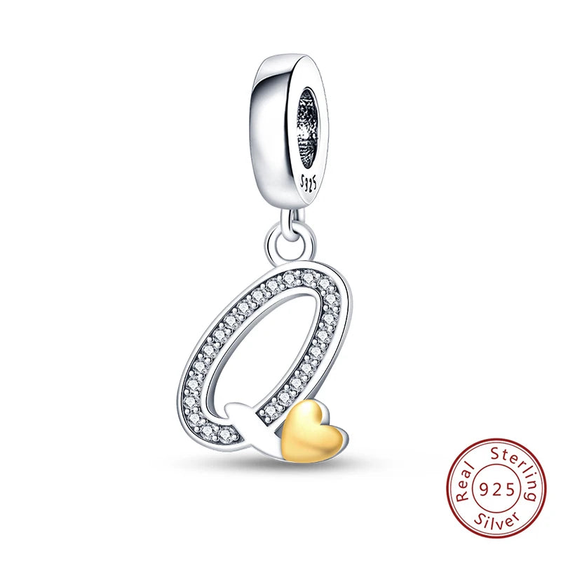 Classic 925 Sterling Silver 26 Gold Color Heart Zircon Letter A-Z Charms Beads Fit Original Bracelets DIY Birthday Jewelry Gift