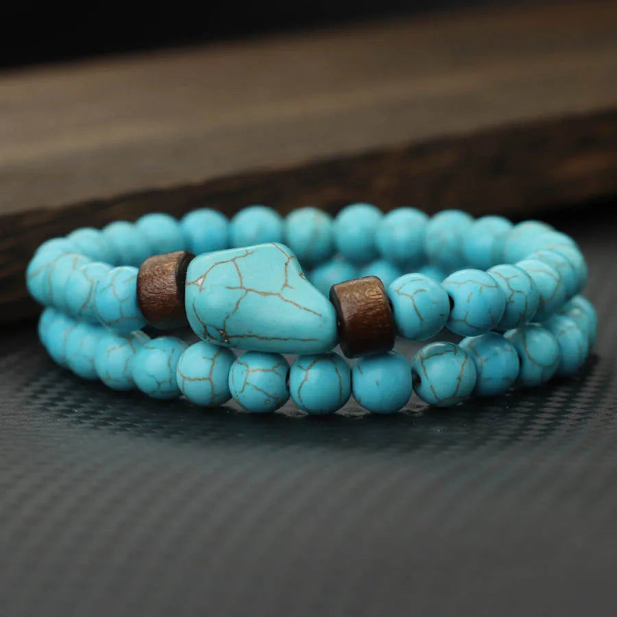 Stylish 2Pcs Men Bracelet Set Irregular Natural Turquoise Stone Strand Braslet Volcanic Rock Healing Braclet Leisure Pulseira