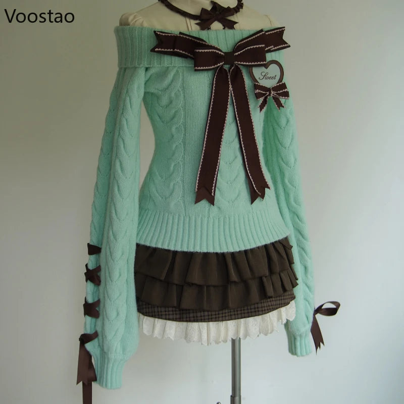 Autumn Winter Sweet Lolita Style Knitted Pullover Women Harajuku Cute Slash Neck Bow Spice Girl Sweaters Femme Y2k Knitwear Tops