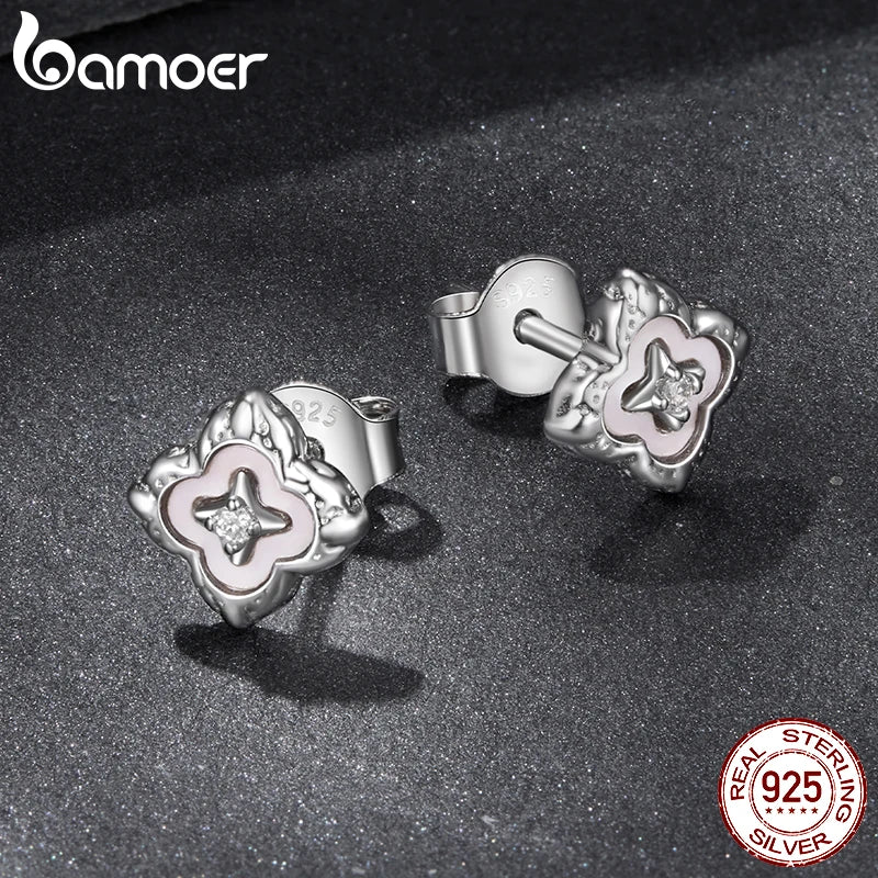 BAMOER Clover Moissanite Stud Earrings, High-quality Nacre Crystal Plant Earrings Original for Women Vintage Pearl Jewelry Gift