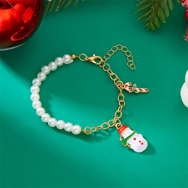 Creative Christmas Metal Chain Bracelet For Women Men Delicate Imitation Pearl Santa Claus Xmas Tree Snowflake Snowman Bangles