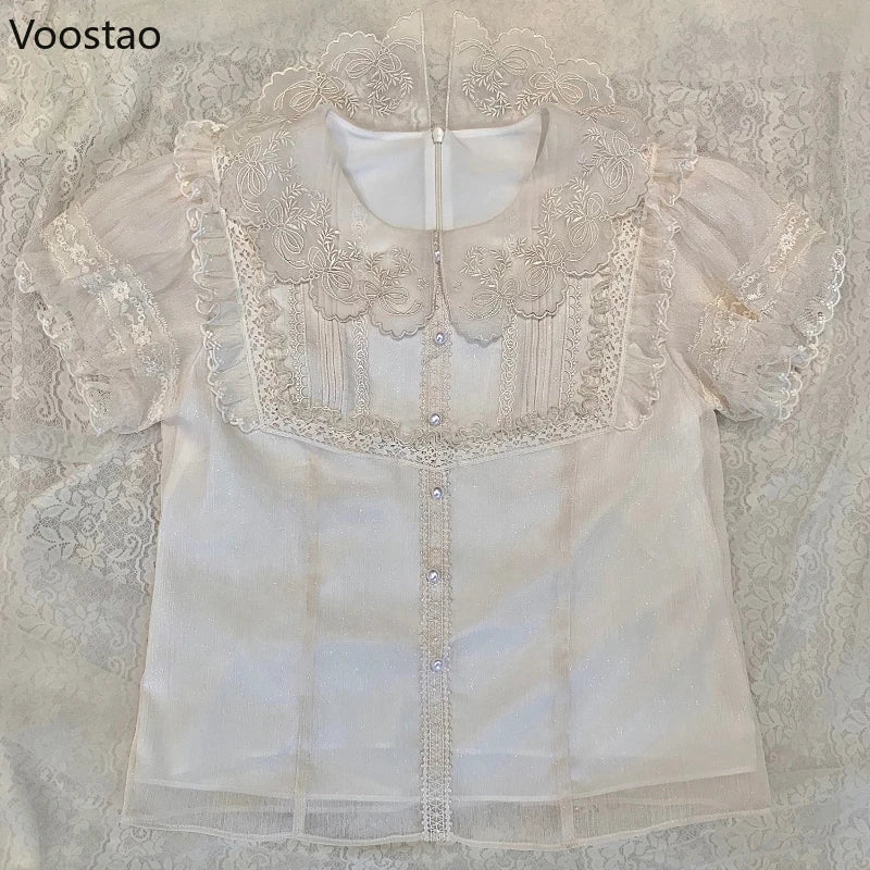 Victorian Vintage Lolita Shirt Japanese Women Elegant Sweet Lace Ruffle Embroidery Long Sleeve Blouse Y2k Aesthetic Clothes Tops - Madeinsea©