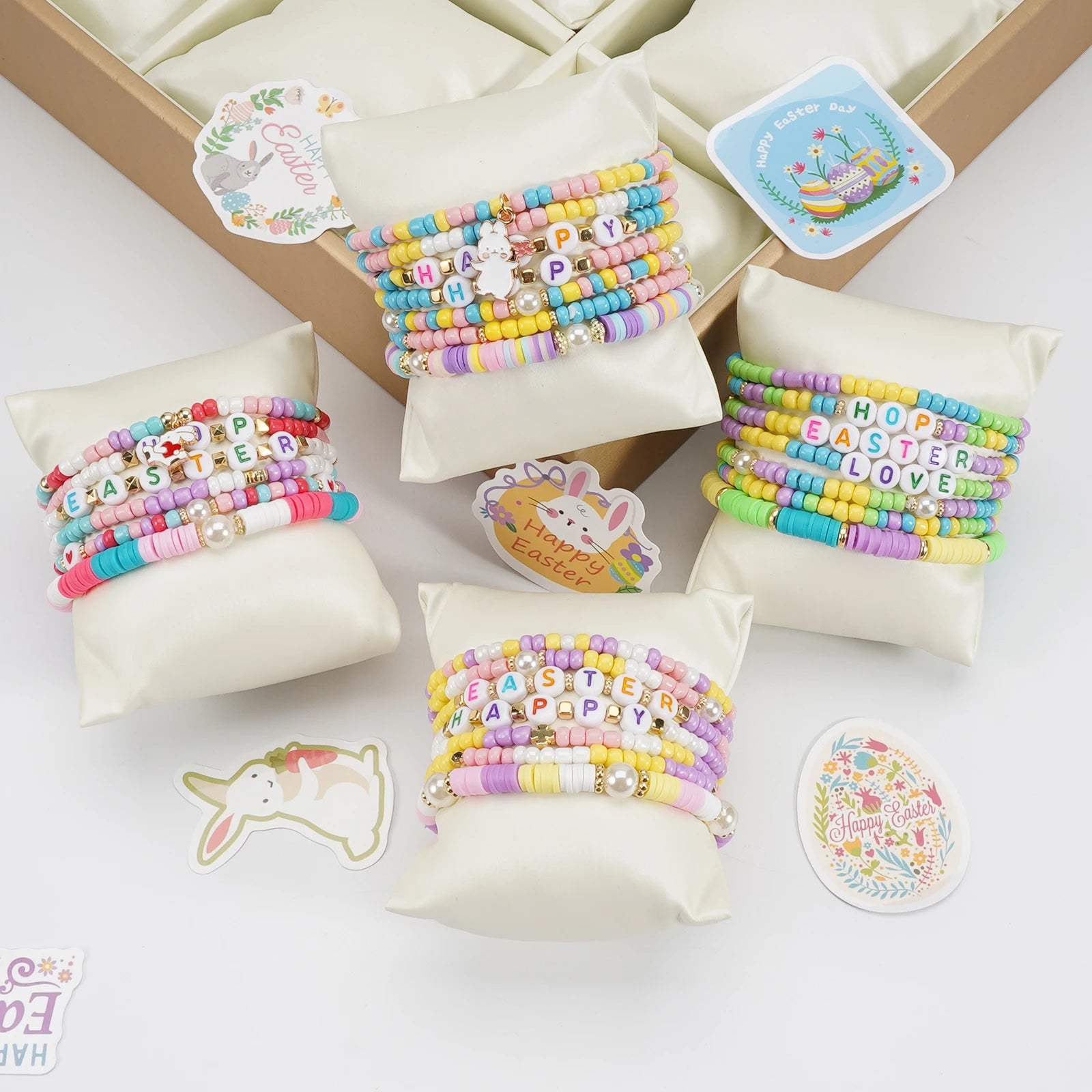 Ensemble de bracelets de Pâques colorés, empilables, en argile, extensibles, perles, style bohème, disques en vinyle, pour femmes