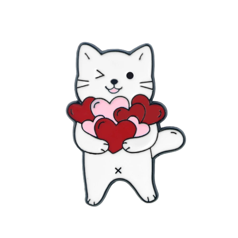 New Wink Cat With Red Heart Shape Brooch Cute Cup Kitty Enamel Pins Cat Lover Collection Badges Jewelry Gift for Friend