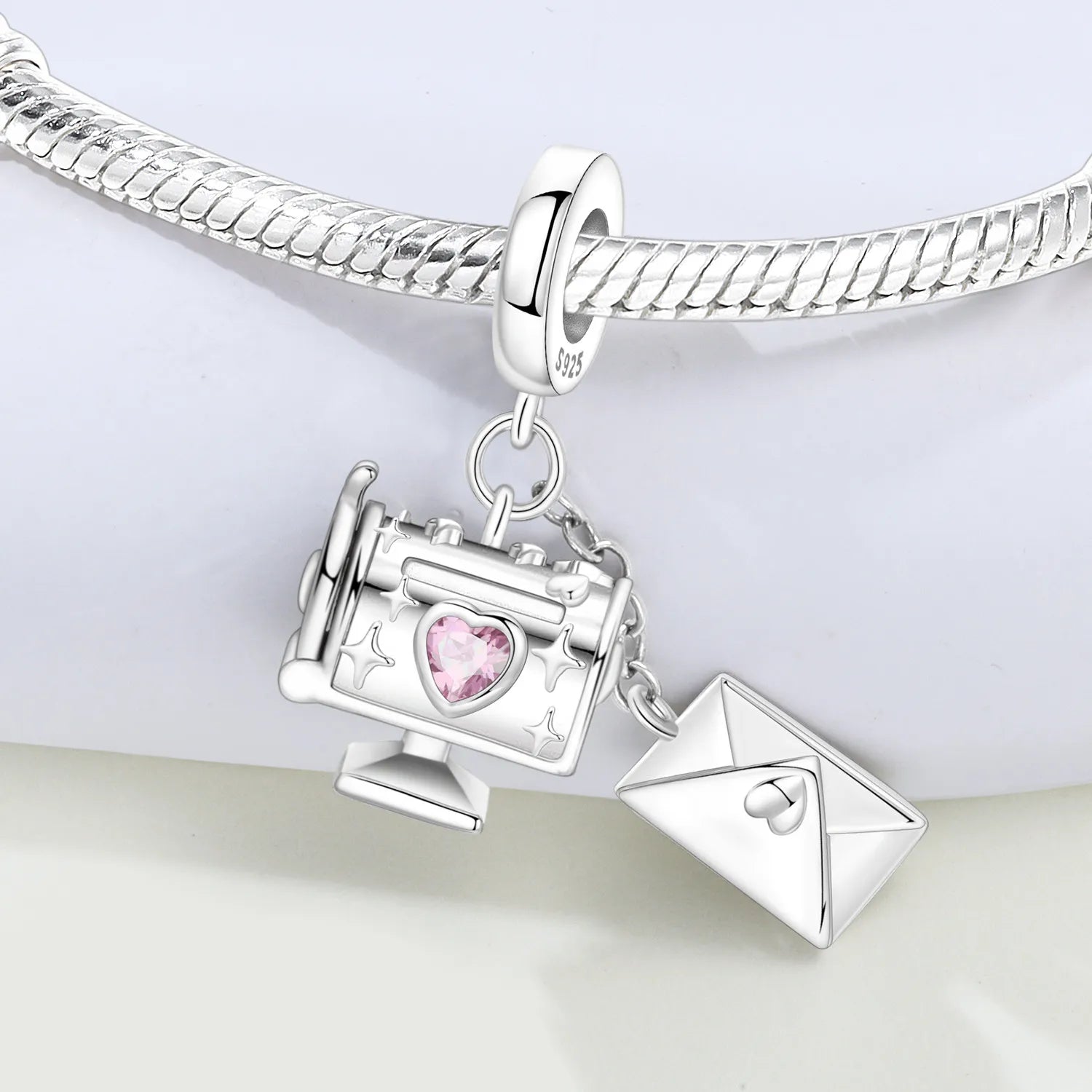 PANPOKI 925 Sterling Silver Pink Love Zircon Email Envelope Beads Original Pendants Bracelet Charm Jewelry Party DIY Gifts