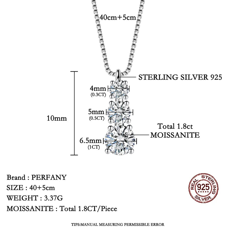 PERFANY 1.8CT Moissanite Necklace for Women S925 Pure Silver 3-Stone Laboratory Cultivated Diamond Pendant Luxury Jewelry Gift - Madeinsea©