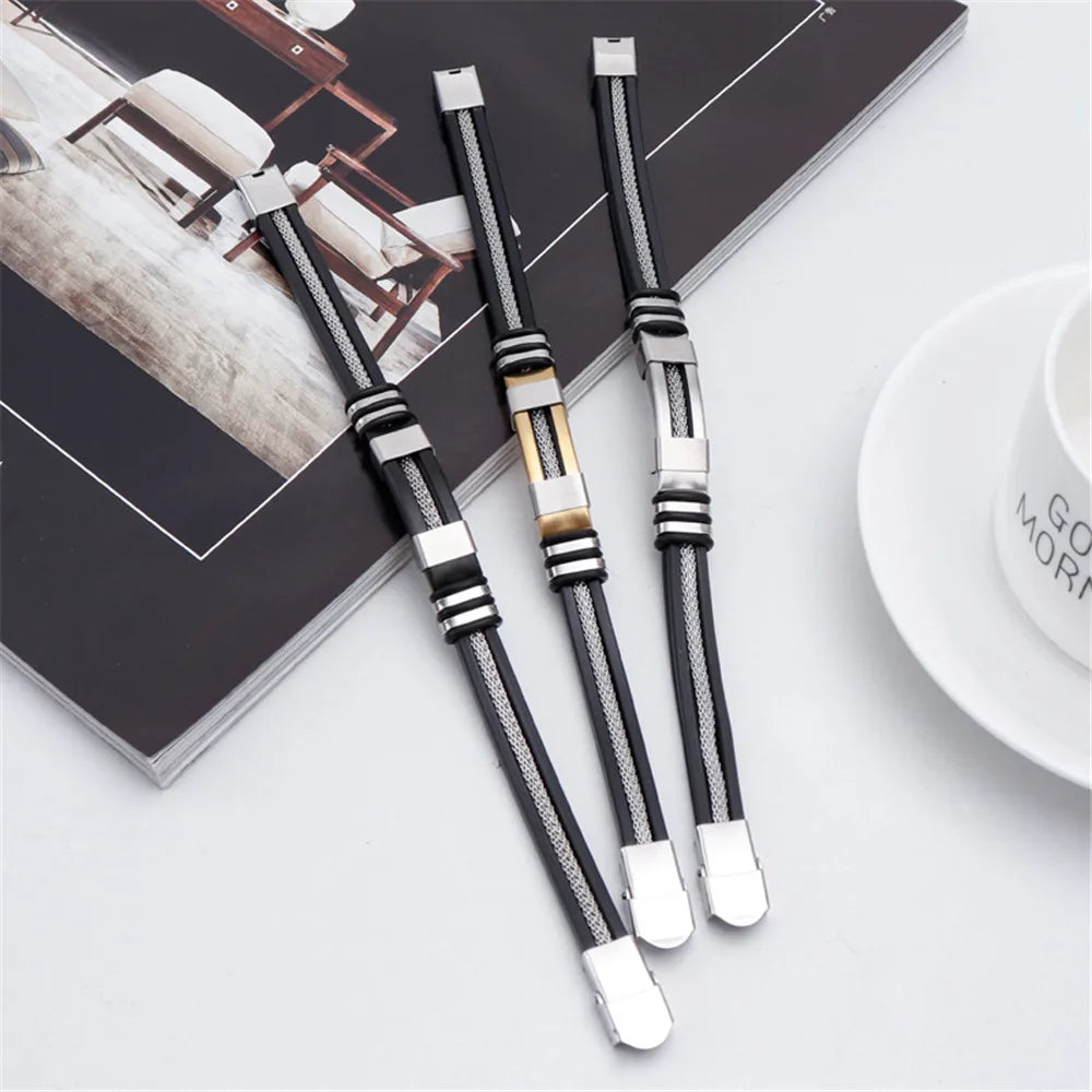 MKENDN Punk Style Men Jewelry Non-fading Steel Wire Rope Silicone Bracelet Classic Cuff Charm Bracelet for Men Male Gifts