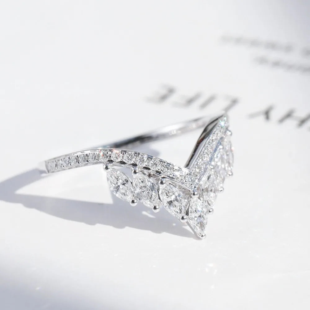 Trumium 18k White Gold Marquise Stackable Cubic Zirconia CZ V Shape Curved Engagement Rings Sparkling 925 Silver Wedding Band