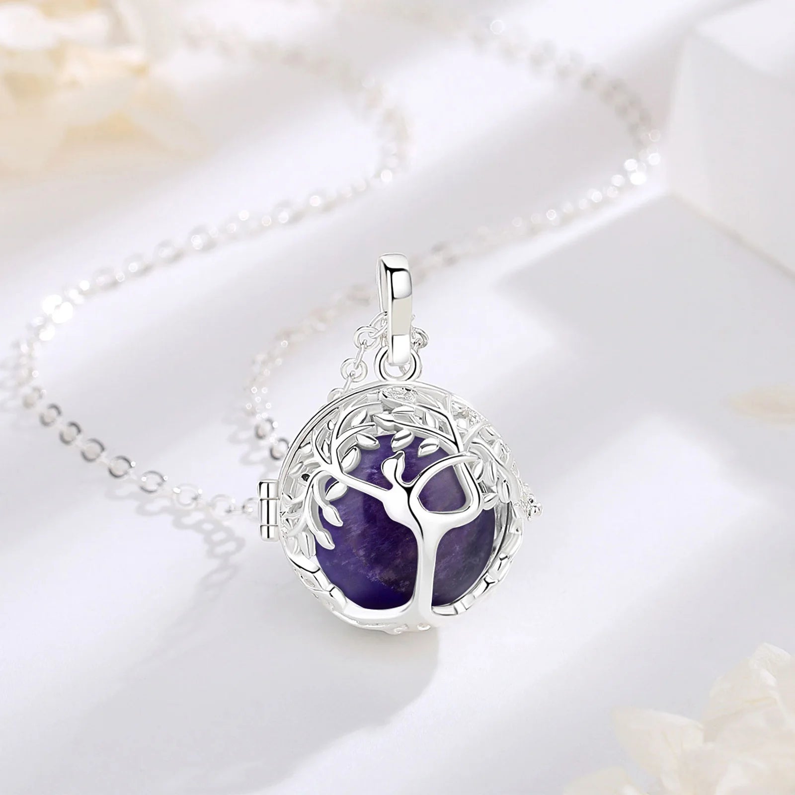 Eudora Tree of Life Cage Necklace Obsidian Energy Healing Crystal Stone Amethyst Lapis Pendant Spiritual Jewelry Meditation Gift